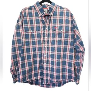 Cinch M Blue Red Plaid Western Button Down Cowboy Ranch Shirt 100% Cotton Rodeo